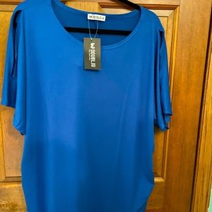 Blue soft cold shoulder top.